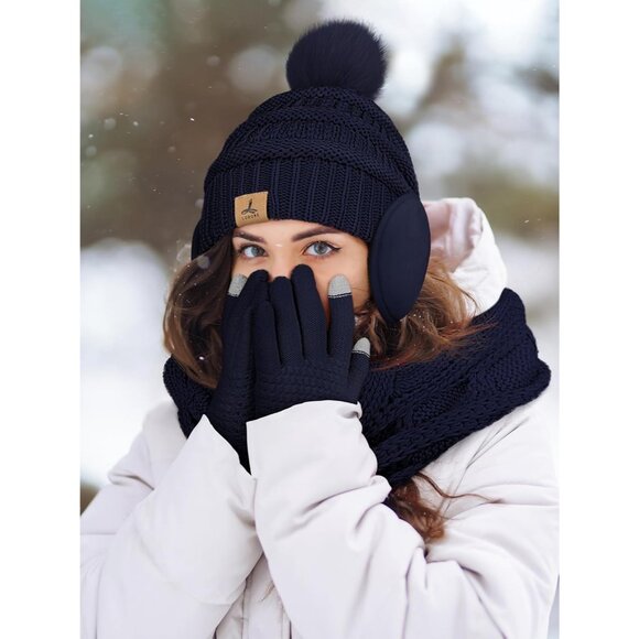 Women Blue Knit Beanie Hat, Gloves, Scarf & Ear Warmer Set - Winter - Picture 6 of 7